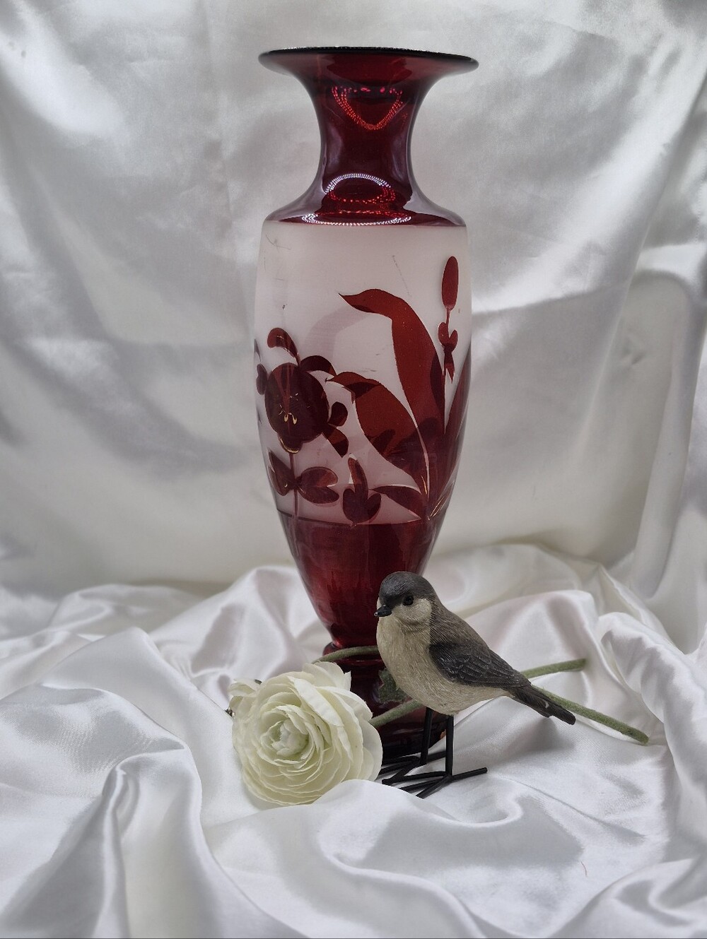 Vintage Bohemian Czech Ruby Red Hand Blown Floral Cut-to-Clear Glass Vase